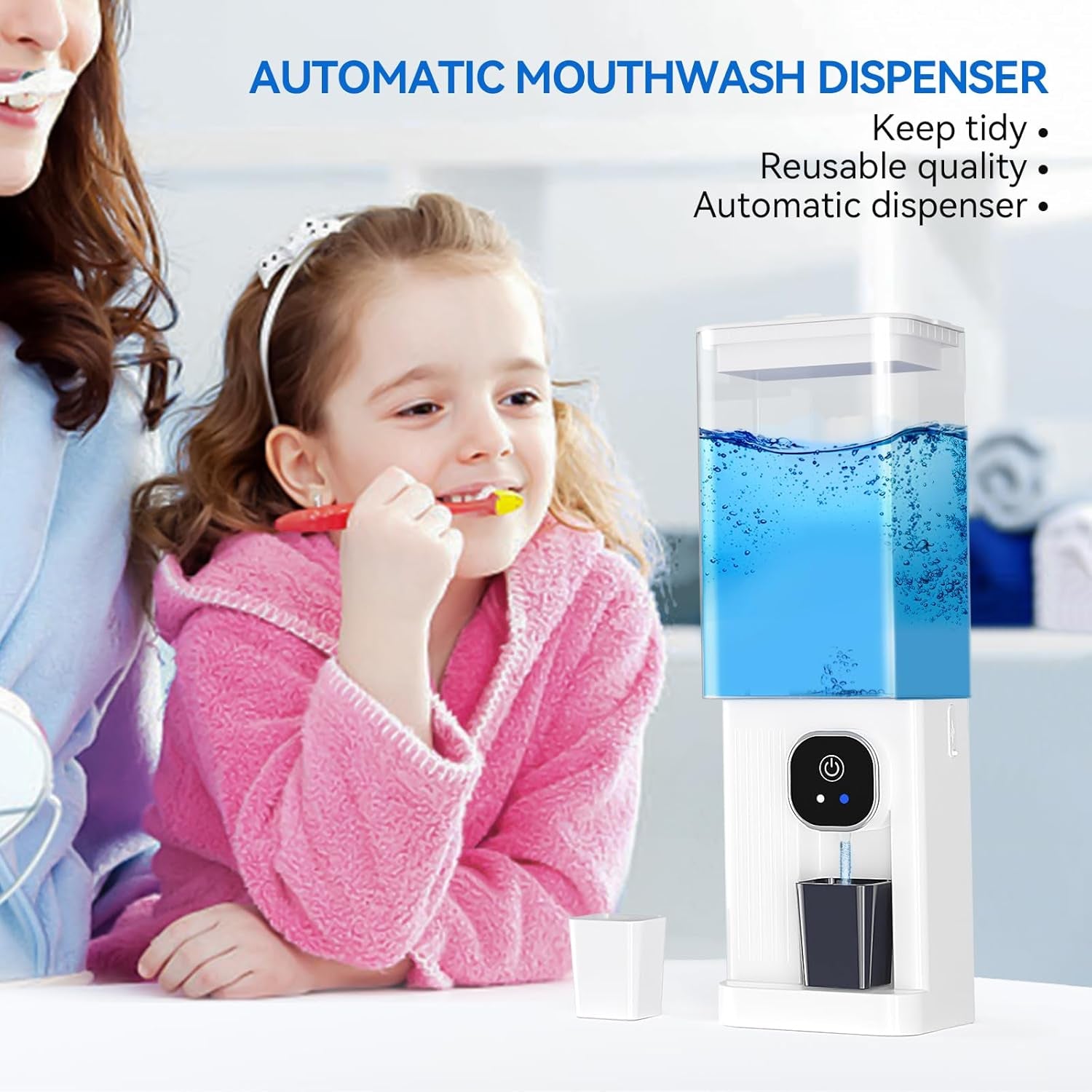 Automatic Mouthwash Dispenser for Bathroom - 23.67 Oz Organizers & Storage Accessories for Mouth Wash Dispensers, Smart Home Mouthwash Dispenser for Kids and Adults Set, White