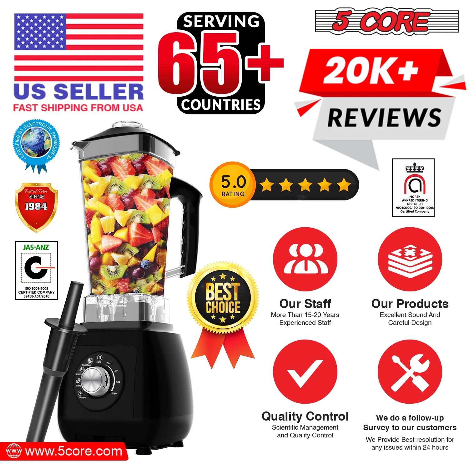 5Core Juicer Blender Machines 2000W Countertop Kitchen Smoothie Maker W 68Oz Jar