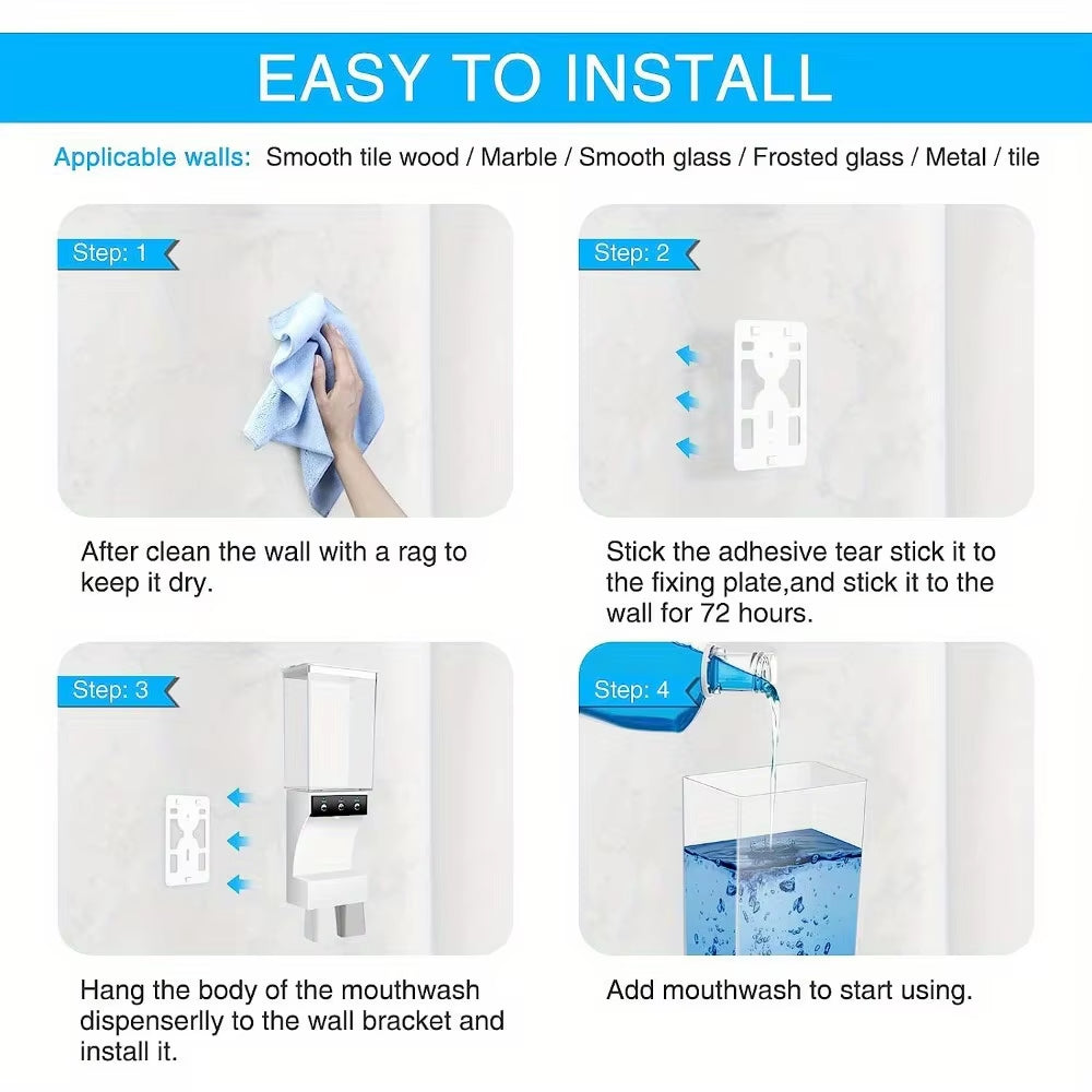 1Pc Automatic Touchless Mouthwash Dispenser - Wall Mounted, Hygienic, No Splash, Dust-Proof - 700Ml Capacity with Magnetic Cups